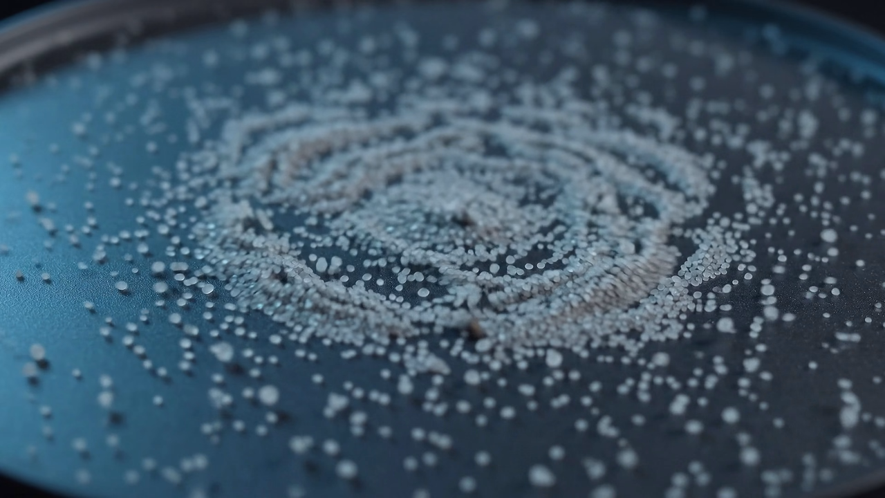 Pale grey sand on a graphite plate. A frequency runs through the plate and the randomly scattered sand organises itself into clean geometric figures, lit by a low cyan light. These are Chladni patterns.